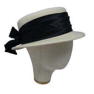 Vintage Jacqueline Ferrar White Wool Black Satin‎ Bow Fedora Hat